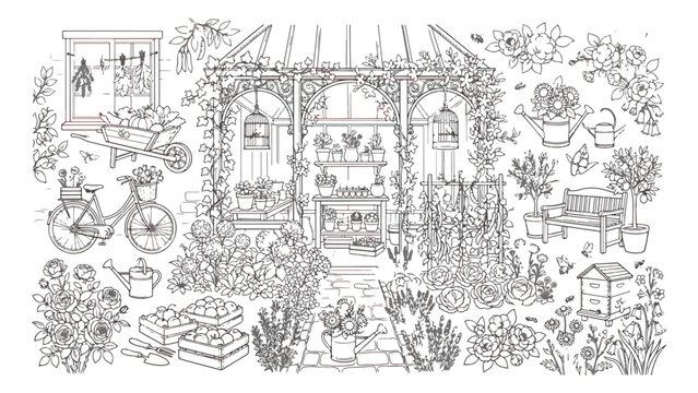 Vintage garden line art set, hand drawn botanical greenhouse and gardening tools, rustic backyard landscape vector illustration for coloring book