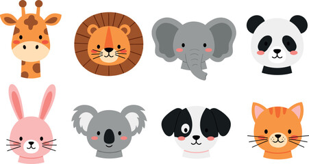 Cute cartoon animal faces collection featuring giraffe lion elephant panda bunny koala dog and cat isolated on white background vector illustration © Rejaul