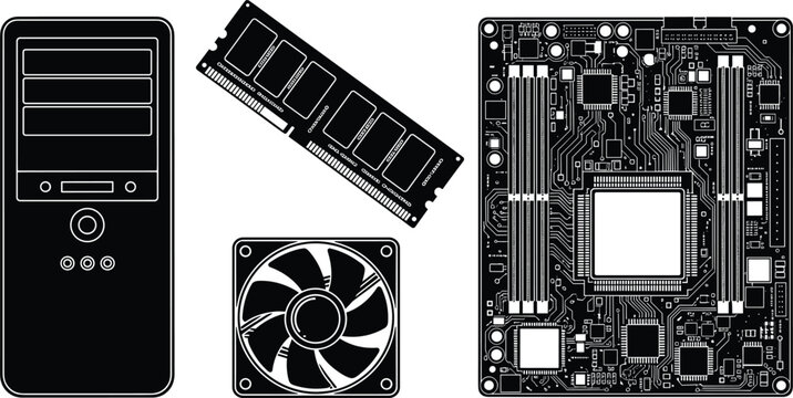 Computer hardware components vector illustration featuring desktop tower, motherboard, cooling fan, and memory module technology set