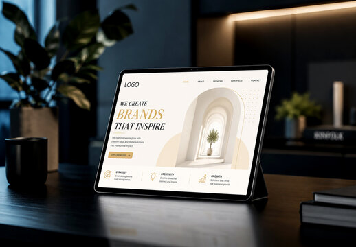 Modern Tablet Screen Mockup on Elegant Restaurant Dining Table
