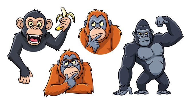 Funny Cartoon Apes: Monkey, Orangutans, Gorilla with Expressions and Banana