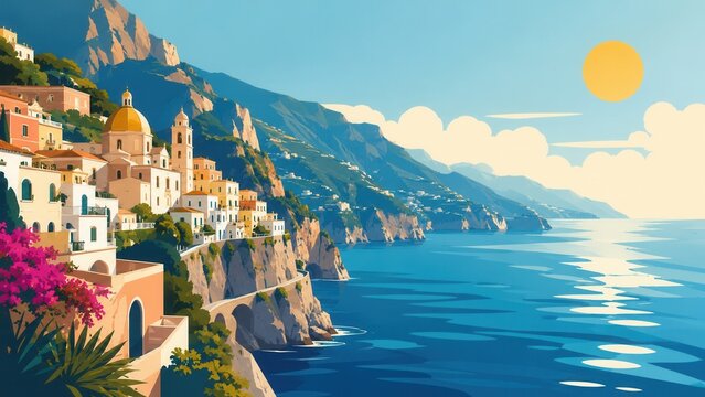 Colorful Mediterranean coastal village illustration with sunny sea cliffs and romantic travel scenery