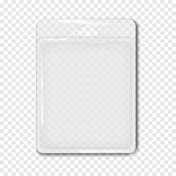 Clear plastic square blister box with hanging hole slot. Realistic 3d vector mock-up. Blank transparent package to display product. Easy editable mockup. Template for design
