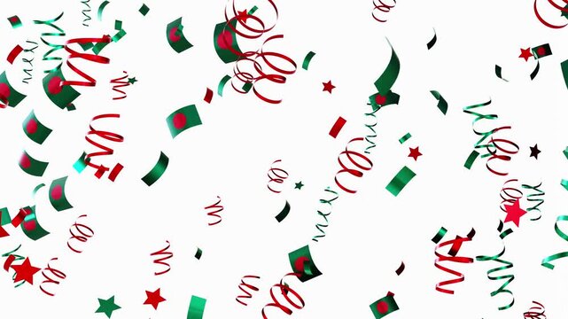 Colorful confetti representing the national flag of Bangladesh falls from above. The vibrant red and green colors create an atmosphere of celebration for Independence Day activities