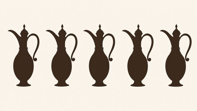 flagons. Dark brown elliptical silhouettes of flagons with spouts on light background. bar promotions, beverage menus, designed for product packaging and bar promotions, used by video editors.