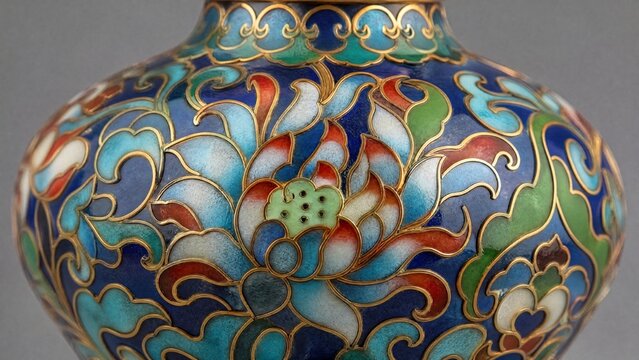 cloisonne. Close-up of a cloisonne vase with intricate wire patterns and vibrant enamel. event programs, museum guides, designed for cultural heritage projects and event programs.