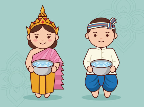 Cute Thai Couple in Traditional Costumes Holding Water Bowls for Songkran Festival Celebration Vector Illustration