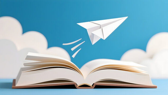 Paper airplane taking off from an open dictionary representing graduation dreams