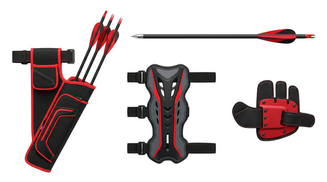 Archery equipment set with bow and arrow isolated on white background, png transparent set, bundle collection, products festive celebration, event festival 2026, 2027 2028 download