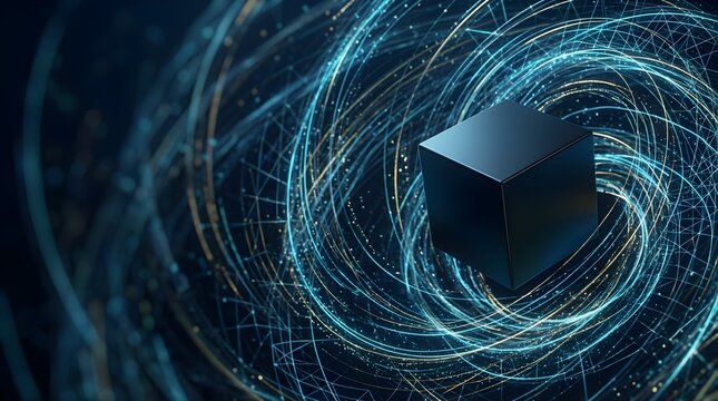 Black cube floating in a glowing blue digital data vortex background