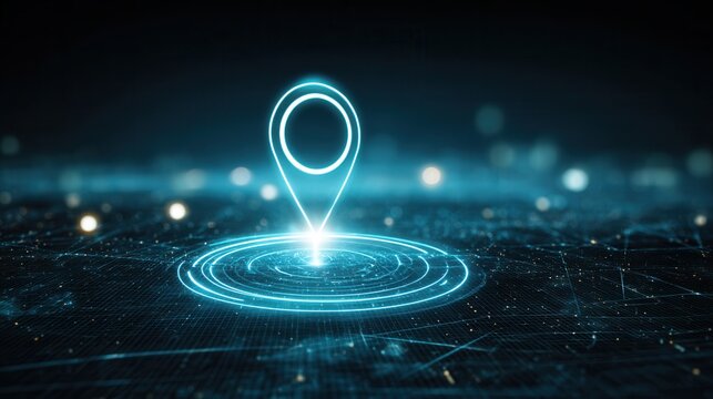 Futuristic glowing location pin over digital grid with radar circles representing precise GPS tracking system