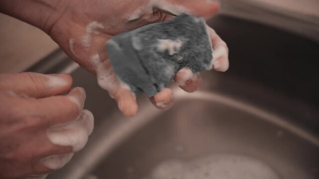 Close-up of soapy hands squeezing a blue dishwashing sponge over a kitchen sink.