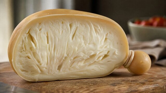 scamorza. Half of a scamorza cheese cut open on a wooden board, revealing its pale yellow, stringy interior. menu design.