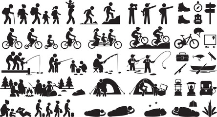 Obraz premium Outdoor Activity Silhouette Set Hiking Biking Fishing Camping