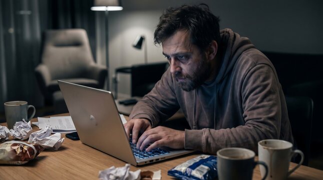 Man working late on a laptop at a messy desk with snacks and papers