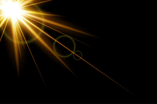 Dramatic golden light effect starburst flare with lens reflections for visual design