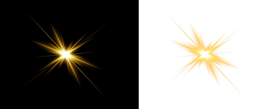 Golden starburst light effect bright radial flare for graphic design and visual effects. On transparent background.