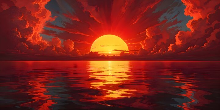 Crimson Horizon: A breathtaking sunset paints the sky in fiery hues of orange and red, casting a shimmering reflection upon the calm ocean water, evoking a sense of awe and tranquility.