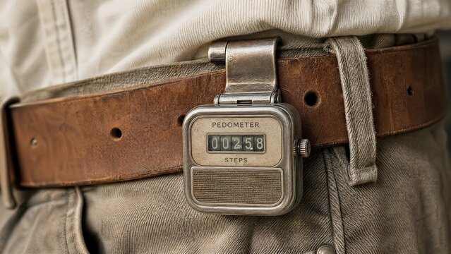 pedometer. Vintage mechanical pedometer clipped to a leather belt, detailed metal casing in soft daylight. lifestyle magazines.