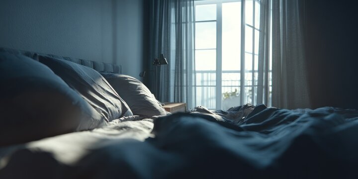 Bedroom interior featuring unmade bed pillows window with curtains and sunlight streaming through