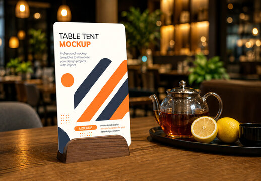 Realistic Table Tent Mockup on Wooden Base