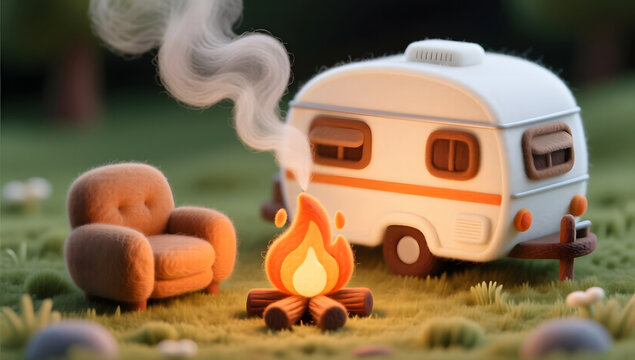 RV campsite outdoor bonfire for leisure vacation lifestyle