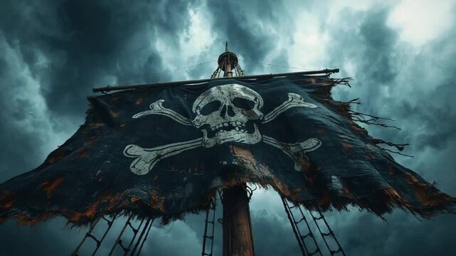 Tattered pirate flag on ship mast against stormy dramatic sky