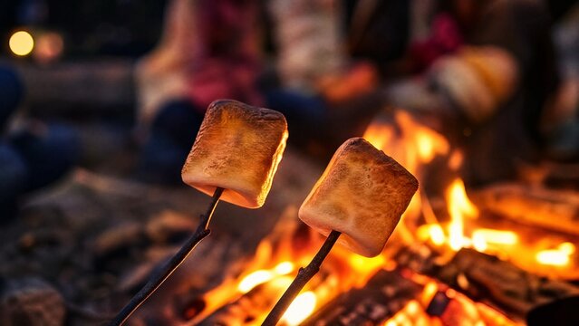 caramelization. Marshmallows roasting over a campfire on a stick. menu design, packaging mockups, designed for culinary blogs and recipe cards for restaurants, used by account managers.