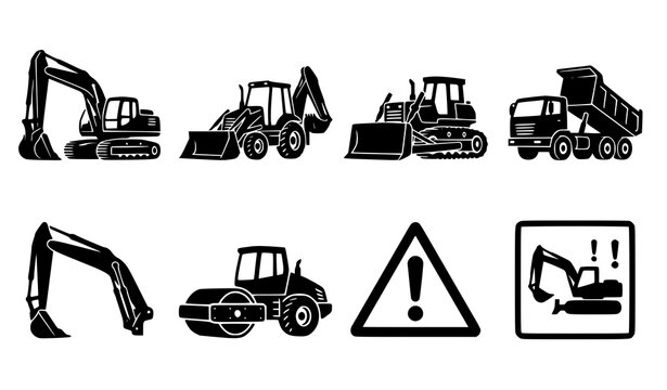 Excavator and backhoe loader silhouette vector set with heavy construction machinery and danger signs