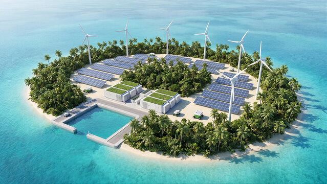 Sustainable tropical island with solar panels wind turbines and battery storage system showcasing renewable green energy infrastructure for eco friendly off grid power generation concept