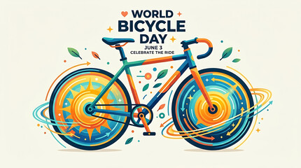 Fototapeta premium Joyful world bicycle day poster with spinning light wheels
