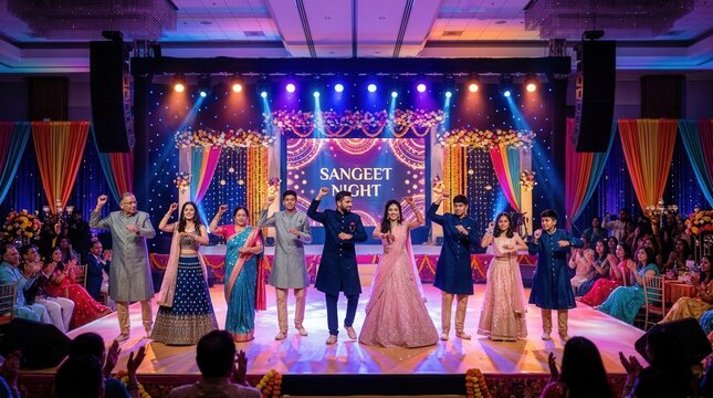 Indian family dancing on a vibrant stage during a festive sangeet night at a wedding venue.