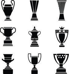 Trophy Cup Silhouette Icon Set - Champions League Europa League Conference League English Premiere League FA Cup English Football League La Liga Copa Del Rey Supercopa de Espana © dhino