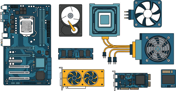 Flat style computer hardware component collection featuring motherboard processor cooling fan graphics card and digital storage vector