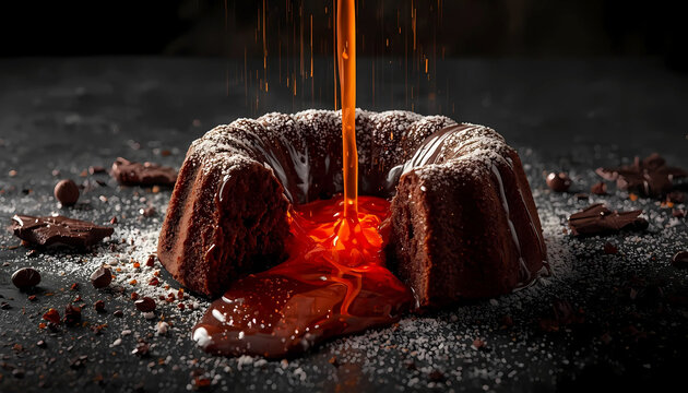 Chocolate lava cake with caramel pouring on top