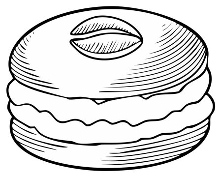 Hand-drawn illustration of a round macaroon or sandwich cookie with filling, simple monochrome drawing