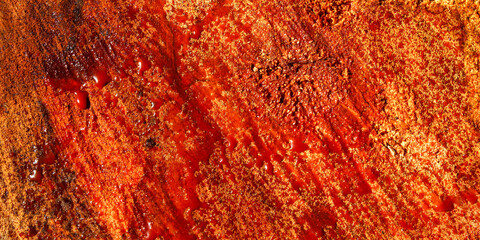 Thick red sap resembling blood oozes from the surface of a freshly cut tree trunk, natural wood texture with reddish sap details. © Hendri