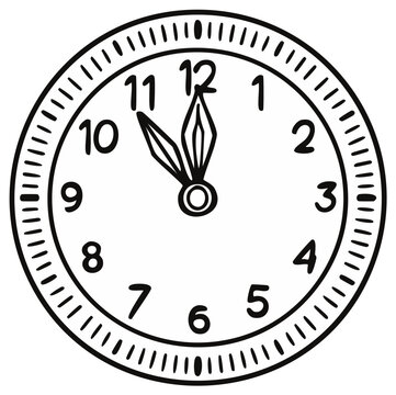 Black and white hand-drawn clock face showing almost midnight or noon