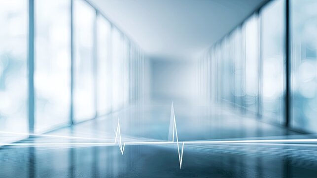 Bright, modern hallway with large windows and a faint digital heartbeat line