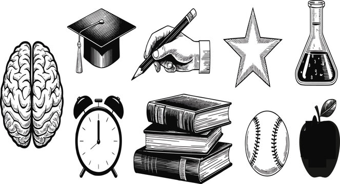 black and white illustrations of education and learning objects