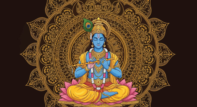 Blue Hindu God Krishna Sitting Lotus.