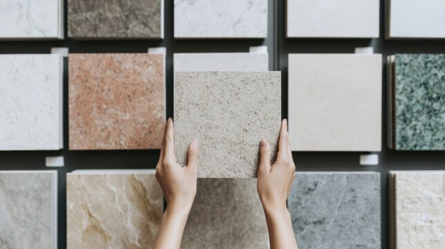 Person choosing ceramic tile from a variety on display in home improvement store