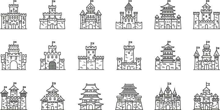 Minimal Medieval Castle Icon Collection Featuring Historic Fortress Architecture Symbols In Detailed Monoline Vector Illustration