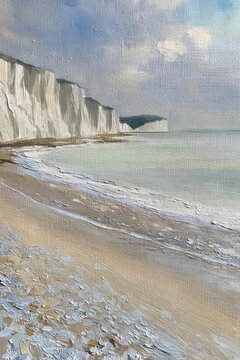 White Cliffs of Dover coastline painting showing tranquil ocean, sandy beach, and dramatic chalk cliffs under cloudy sky