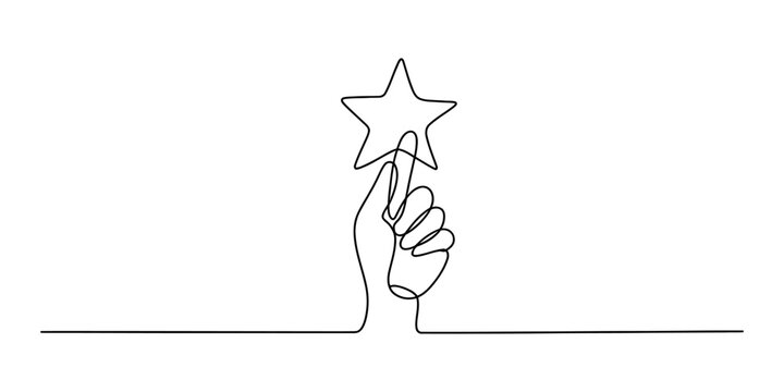 Continuous single line drawing of a human hand pointing at a star shape symbol representing excellence quality success rating and achievement concept