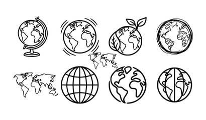 Modern black and white globe sketch icon collection with hand drawn earth and world vector symbols © Md