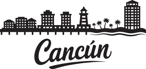 Cancun city skyline silhouette illustration with buildings, lighthouse, palm trees, beach, and ocean waves typography in solid style © Arif9x