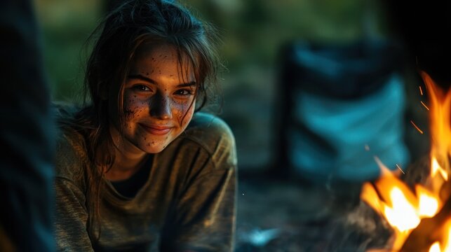 Young person by campfire