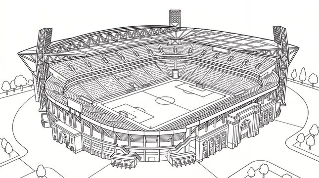 Detailed drawing of a boxing arena surrounded by tiered seating with competition spectators audience architecture illustration linedrawing blackandwhite