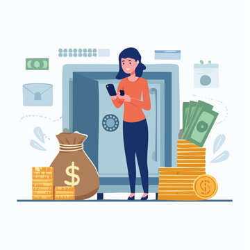 Woman Using Smartphone with Safe, Money Bag, and Stacks of Coins
